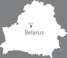 White Map of Belarus with location marker of the capital and inscription of the name of the country and the capital inside map on gray background