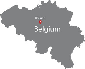 Gray Map of Belgium with location marker of the capital and inscription of the name of the country and the capital inside map