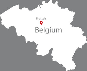 White Map of Belgium with location marker of the capital and inscription of the name of the country and the capital inside map on gray background