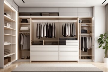 Interior home design of modern dressing room with space for storing and organizing, beige wooden wardrobe with hanging clothes