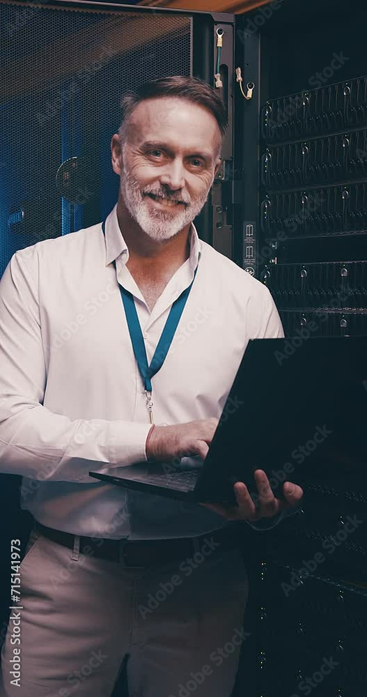 Aufkleber mature man in data center with laptop, portrait and network maintenance with happy engineer in digit