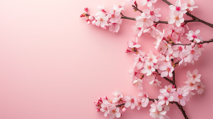 Branch of blooming pink sakura on pink background. Top view, copy space. 