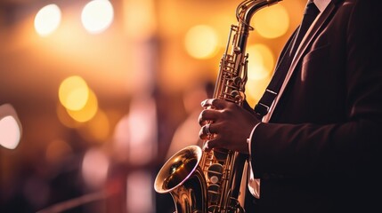 Closeup of a pair of hands playing a saxophone at a jazz music concert. - obrazy, fototapety, plakaty