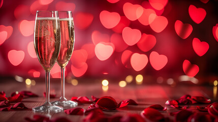 Two glasses of champagne and rose petals on table on red background with hearts bokeh. Romantic evening. Valentine's Day.