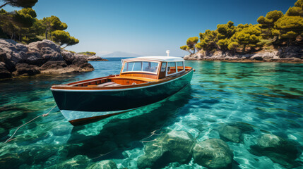 Naklejka na ściany i meble A small wooden boat is anchored in crystal clear water near the rocky shore
