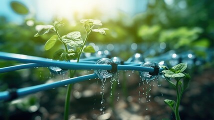 Closeup of a drip irrigation system, conserving water and promoting sustainable water use. - obrazy, fototapety, plakaty