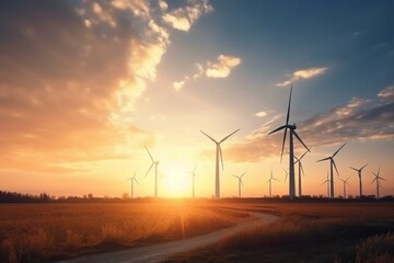 Wind turbine farm in the sunset, representing the concept of renewable eco energy. Generative AI