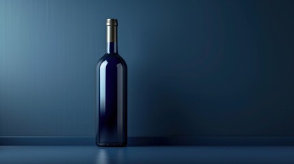 An alcohol bottle with a spotlight effect on a tabletop, emphasizing the fine wine's reflective elegance against the tranquil, dark blue ambiance