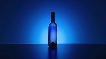 The intense blue illumination casts a serene glow on the sleek, dark blue background, showcasing the premium wine as a luxury item in a bar setting