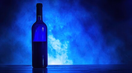 A no-label bottle reflecting the sleek and professional shot of a wine presentation, set in a vibrant blue mood that speaks to the connoisseur