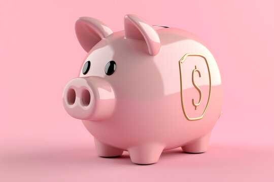 3D Rendered Pink Piggy Bank with Golden Dollar Sign Emblem, Isolated on a Pink Background