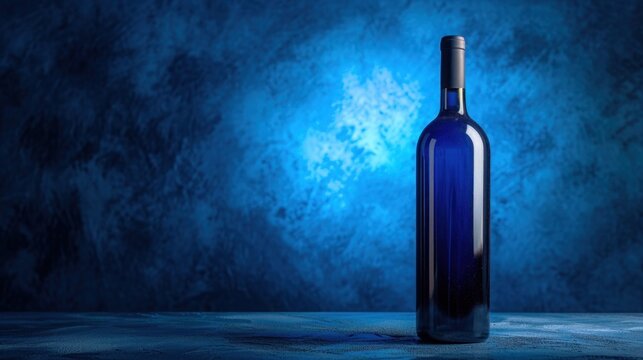 A shadowed wine bottle in a navy blue light, reflecting the artful depth and contrast, captures the essence of a sommelier&rsquo;s selection