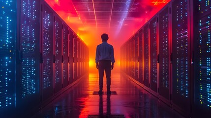 guy standing in a server room. server rack in a data center