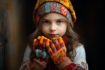 Portrait of a beautiful little girl in a knitted hat and gloves