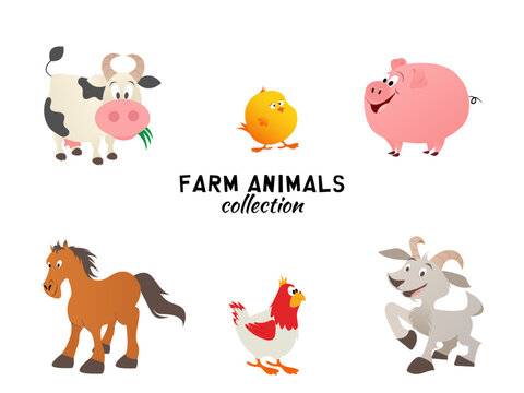 Farm animals are set in a flat style, isolated on a white background. Vector illustration. Cute animals: chick, chicken, horse, cow, goat, pig