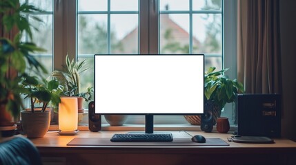 Computer monitor with blank screen in contemporary minimalist home office with plants, AI-generative