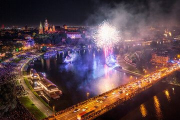 Fireworks over Wawel Royal Castle in Krakow during Dragon Parade, Poland