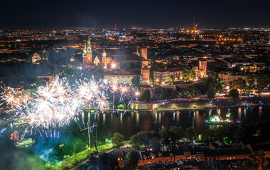 Fireworks over Wawel Royal Castle in Krakow during Dragon Festival, Poland.