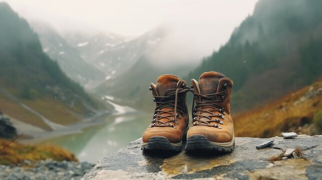 Comfortable hiking boots stand on a rock against backdate Ai Generative