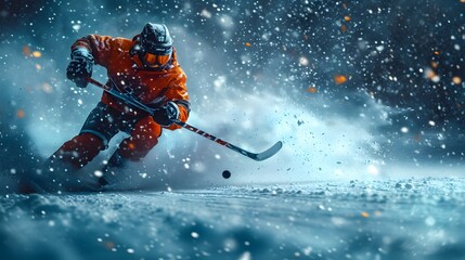 ice hockey player whizzing the puck across. snowboarder jumping into the water