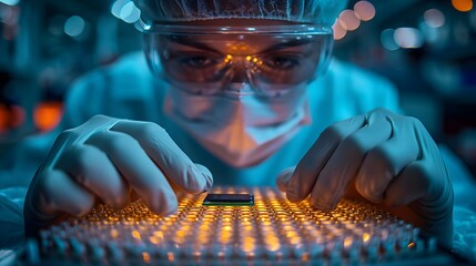 person in the lab holding a chip. cybersecurity scientist using microscope in laboratory