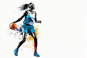Fototapeta na wymiar Young woman basketball player with ball. Abstract grunge background. Girl playing basketball.