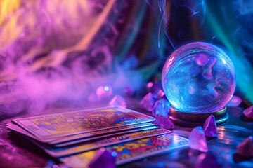
fortune telling ball, tarot cards on the table with crystals and smoke . Blurred background....