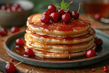 A stack of pancakes with syrup and cherries on a plate. - obrazy, fototapety, plakaty