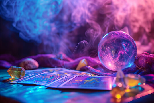 
fortune telling ball, tarot cards on the table with crystals and smoke . Blurred background. purple and blue colors