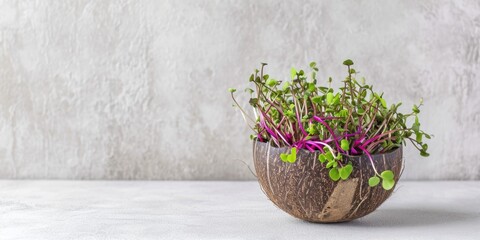 A coconut bowl filled with green and purple sprouts.