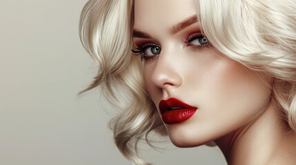 Fototapeta premium Beautiful girl with hair coloring in ultra blond. Stylish hairstyle done in a beauty salon. Fashion, cosmetics and makeup