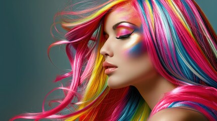 Obraz premium Beautiful woman with multi-colored hair and creative make up and hairstyle. Beauty face.