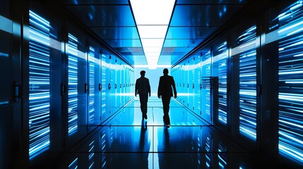 Fototapeta na wymiar two people walking through a data center server room
