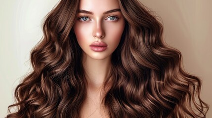 Naklejka premium Brunette girl with long and shiny curly hair . Beautiful model woman with wavy hairstyle