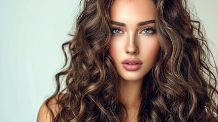 Naklejka premium Brunette girl with long and shiny curly hair . Beautiful model woman with wavy hairstyle