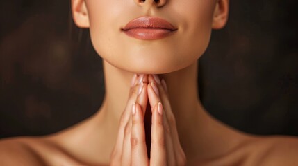 Cropped shot of young caucasian woman touching under the chin with hands massaging her face on dark brown background. Rejuvenation, facelift, facefitness. Exercises from the second chin, pelican neck - obrazy, fototapety, plakaty