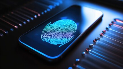 Closeup of a fingerprint sensor on a smartphone, used to authenticate access to medical records and data collected by an AIpowered diagnostic tool.