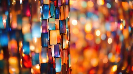 Closeup of a glass mosaic, reflecting light and colors in an immersive interactive art installation.
