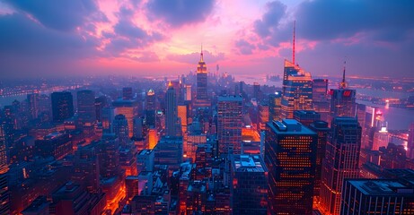 view of new york city skyline at sunset. views from the top of world trade center panorama of the...