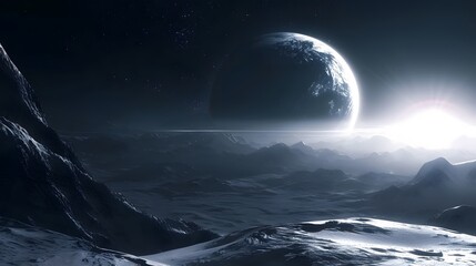 space photography of a black and white moon. moon over the mountains