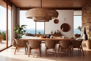 Scandinavian interior home design of modern dining room with chairs and wooden dining table with wooden furniture near the window