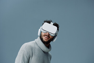 Man vr innovation goggles technology reality digital glasses modern game virtual entertainment tech device - obrazy, fototapety, plakaty