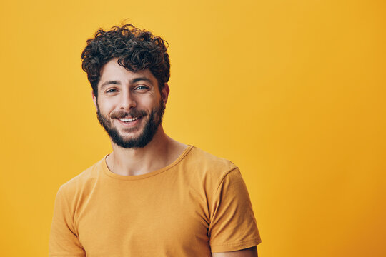 Smile face young guy cheerful men beard background expression portrait adult happy person