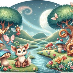 Very cute happy animals in a fairy tale background