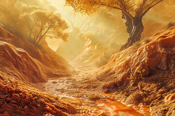 Surreal landscape where mountains, trees and rivers are made of caramel, National Caramel Day celebration, April, Landscape concept, generative ai