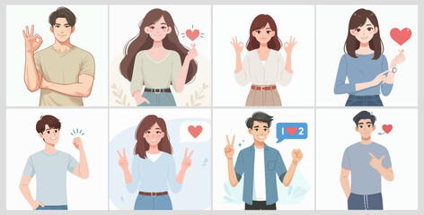 Set vector of happy people showing various positive emotions with gestures. Ok sign, clasped fist, thumb, victory finger and heart hand. Colored flat vector illustration supported on white background