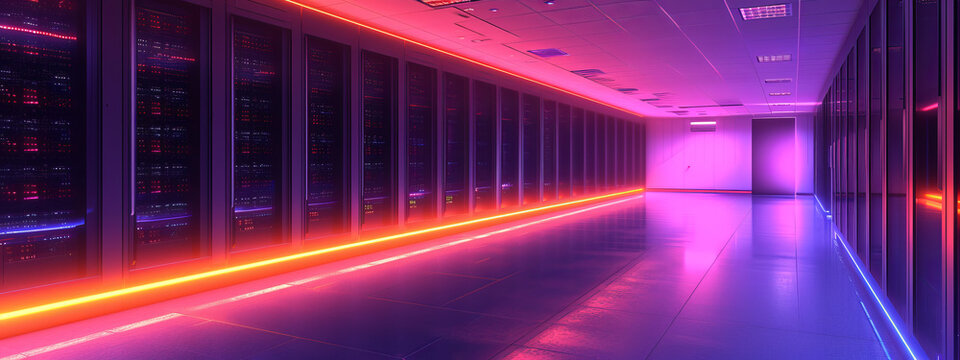 Rows of Servers in a Long Hallway in a Data Center