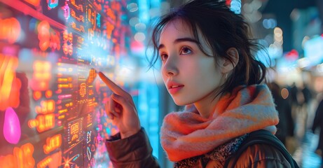 woman pointing out to the virtual. beautiful asian woman model posing for conceptual photo