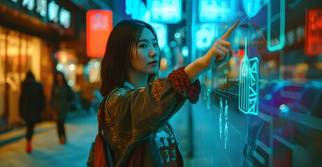 woman pointing out to the virtual. beautiful asian woman model posing for conceptual photo. woman shopping in mall