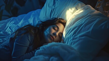 woman sleeping in bed with blue blankets